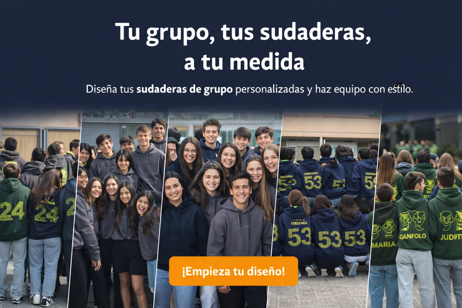Diseña tu sudadera personalizada Elige color, técnica, logo, texto, nombres y detalles para crear una sudadera totalmente adaptada a tu idea.
